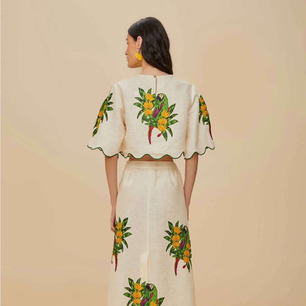 FARM Rio Cream Linen Crop Top with Green Parrot & Yellow Floral Print - Picture 6 of 11